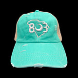 803 Distressed Aqua Criss Cross Pony Relaxed Fit Pony Tail Hat