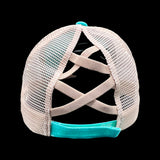 803 Distressed Aqua Criss Cross Pony Relaxed Fit Pony Tail Hat