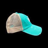 803 Distressed Aqua Criss Cross Pony Relaxed Fit Pony Tail Hat
