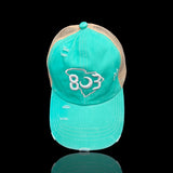 803 Distressed Aqua Criss Cross Pony Relaxed Fit Pony Tail Hat