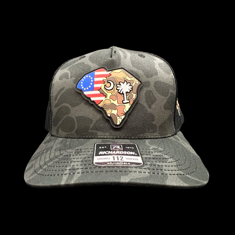 803 Richardson Black Duck Camo Betsy Ross Performance Trucker Hat