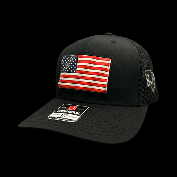 Richardson 112 3D Old Glory Waving Black Performance Trucker Hat