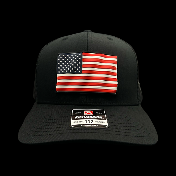 Richardson 112 3D Old Glory Waving Black Performance Trucker Hat