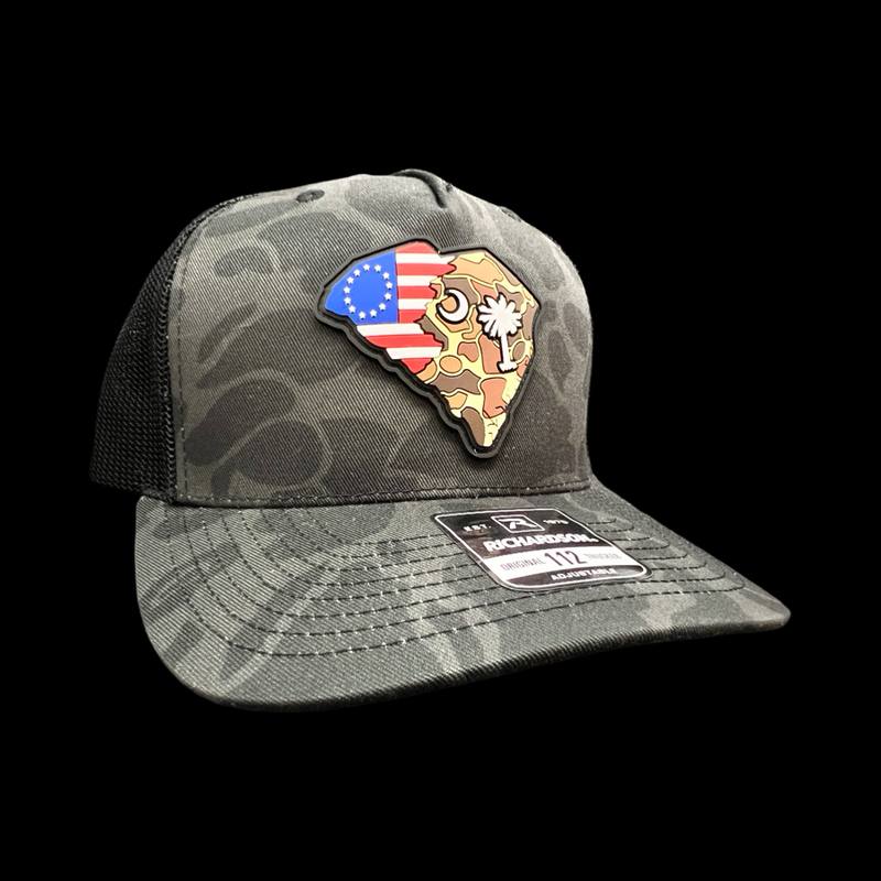 803 Richardson Black Duck Camo Betsy Ross Performance Trucker Hat