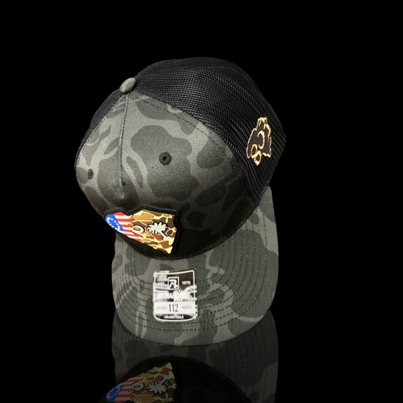 803 Richardson Black Duck Camo Betsy Ross Performance Trucker Hat