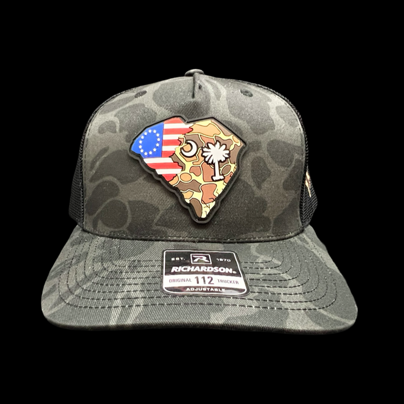 803 Richardson Black Duck Camo Betsy Ross Performance Trucker Hat