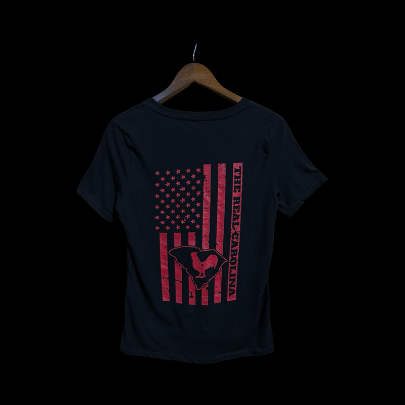 Hometown Rooster Black & Garnet 803 Ladies Premium Cotton Blend Vneck Tee