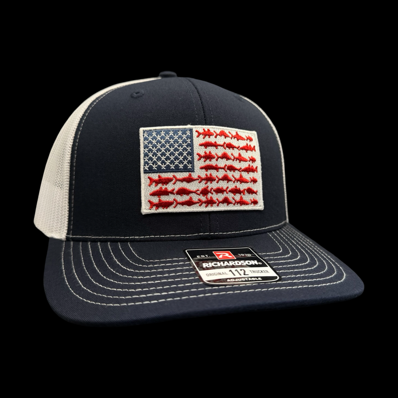 Richardson 112 Navy White Embroidered Fishing Old Glory Patch Trucker Hat