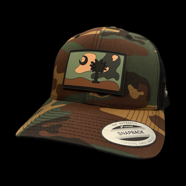 Yupoong Army Camo Palmetto Moon Performance PVC Patch Trucker Hat