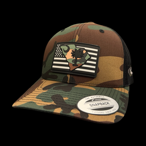 Yupoong Army Camo Patriotic Performance PVC Patch Trucker Hat