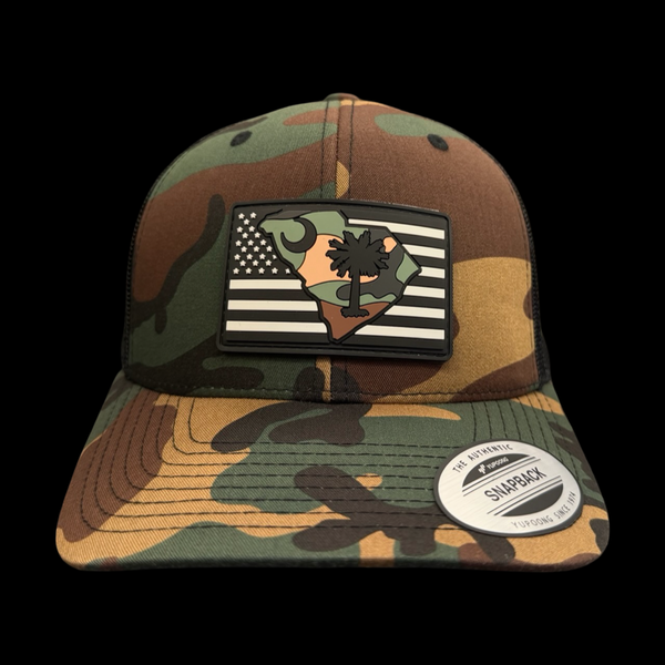 Yupoong Army Camo Patriotic Performance PVC Patch Trucker Hat