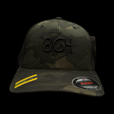 864 Yupoong Black Camo Fitted Trucker Hat